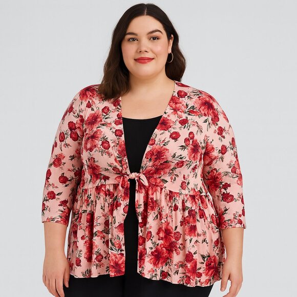 Torrid Pink Floral Tie-Front Peplum Cardigan – 6X | Boho Floral Layering Kimono - Picture 1 of 7